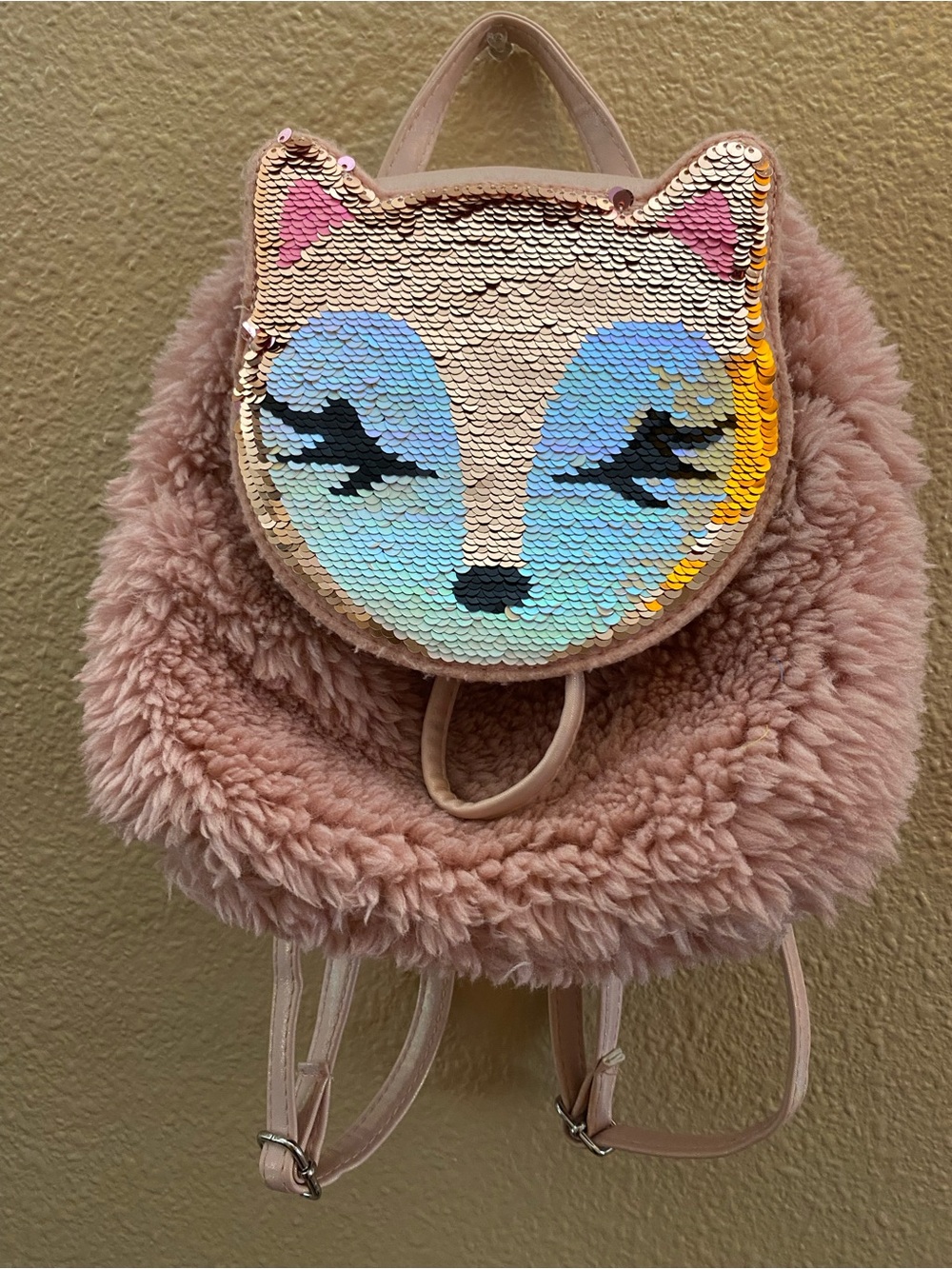 Place Pink Faux Fur Sequin Fox Backpack